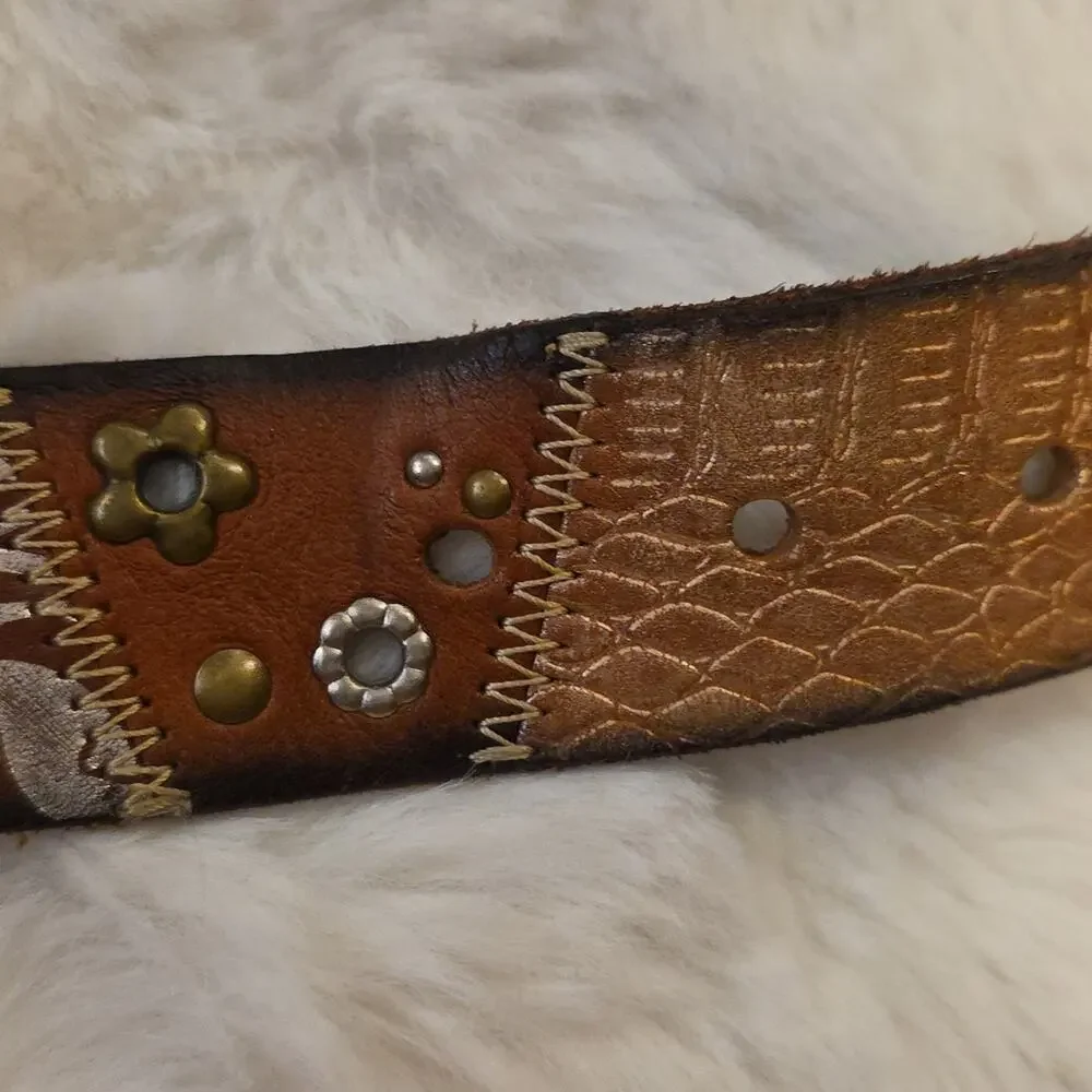 Vintage Fossil Y2k Belt Brown Leather Metallic Accents Studding Womens M